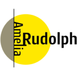 A yellow and taupe circle with the name "Amelia" written vertically and the name "Rudolph" written horizontally, in black.